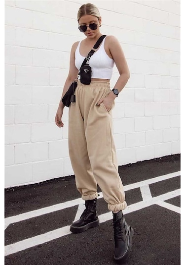 Madmext Mad Girls Camel Paça Lastikli Oversize Kadın Eşofman Mg324-camel Camel