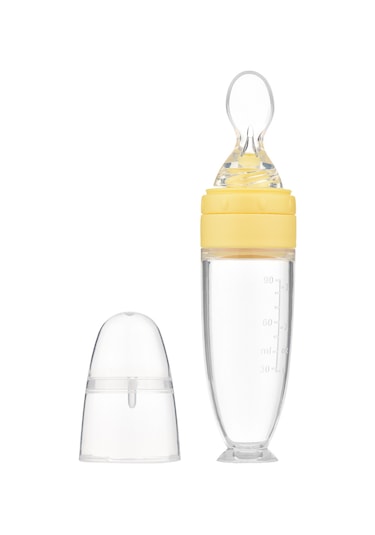 Moveevo Bebek Besleme Kaşığı Silikonlu Sıvı Gıda Sürücü Kolluklu Basma Kolu Mavi Sarı Pembe Beyaz Seçenekli Sarı