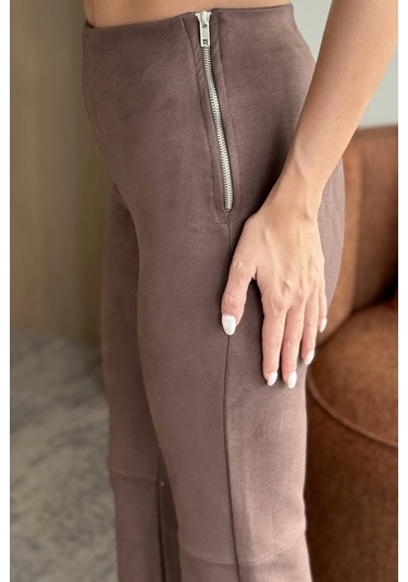 Kahverengi Süet Yandan Fermuarlı Pantolon - 40578 Kahverengi