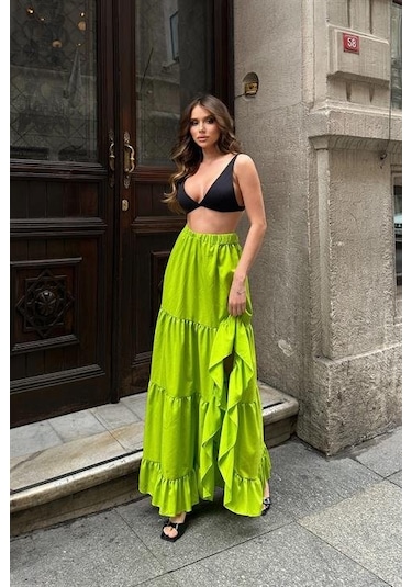 Audrey Fıfrlı Yırtmaç Detay Etek 4037 Fistik Yeşi Li