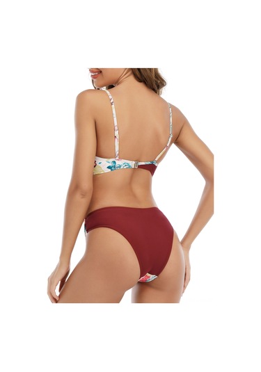 Mufunye Kadın Bikini İki Parça, Baskılı Desen, Ayarlanabilir Askı, Dolgulu Sütyen, Spor Ve Şık Stili, Kırmızı, Asya Beden L 8830 Bordo