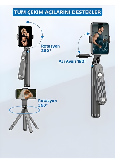 360 Ayarlanabilir Bluetooth Kumandalı 180 Cm Telefon Tripod Android İos Gopro Uyumlu