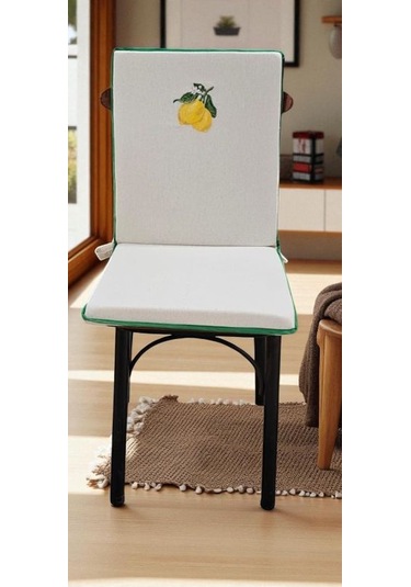 Limon Nakışlı Buldan Keteni Arkalıklı Fermuarlı Sandalye Minderi Naturel