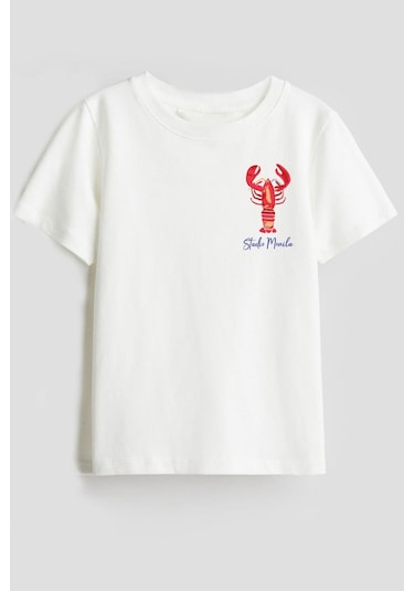 Monila Unisex Istakoz Baskılı Pamuklu T-shirt Beyaz