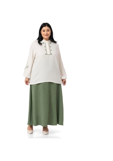Büyük Beden Nakış Detaylı Bluz Etek Haki İkili Takım Haki