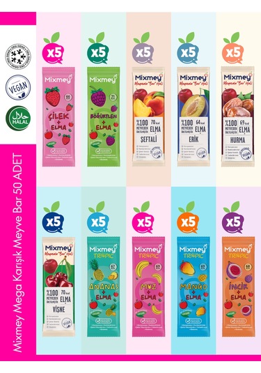 Mega Karışık Meyve Bar Paketi 50 Adet Sağlıklı Atıştırmalıklar Vegan, Glutensiz 20gr X 50 Adet