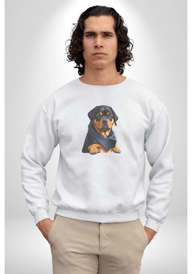 Puppy Köpek Rottweiler Unisex Beyaz Baskılı Sweatshirt Beyaz