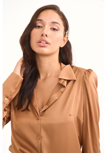 Sateen Vatkalı Saten Gömlek - Camel