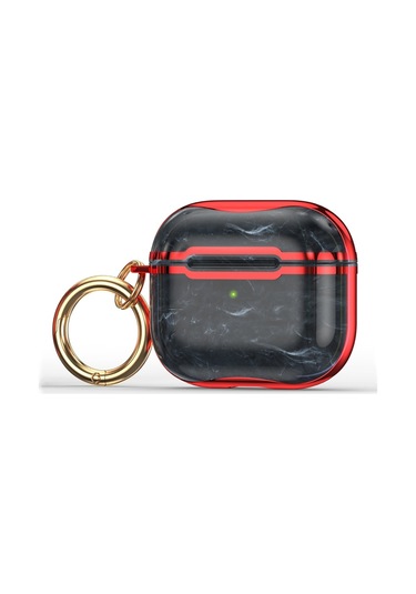 Mermer Doku Galvanik Çerçeve Kulaklık Koruyucu Kılıf Airpods Uyumlu 3 Siyah + Kırmızı İçin Kanca İle Kırmızı