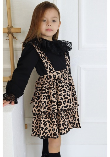 Kız Çocuk Helen Leopar Askılı Kat Kat Bağlama Jile Elbise Dantel Detay  Uzun Kollu Bluz Takım
