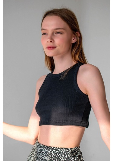Koyu Kahve Fitilli Süper Crop Halter Yaka Örme Atlet Siyah