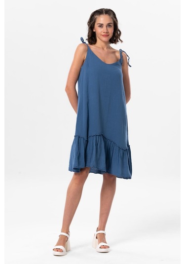 Askılı Serra Volanlı Kısa Yazlık Müslin Elbise İndigo İndg-indigo