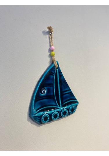 El Yapımı Nazar Boncuğu, Duvar Dekorasyon Ürünü, Seramik, El İşçiliği, Turkuaz Renkte Sandal Desenli -