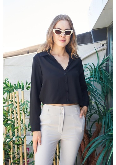 Kadın Likrasız Şık Kumaş Yakalı Uzun Kol Kısa Gömlek-siyah Siyah