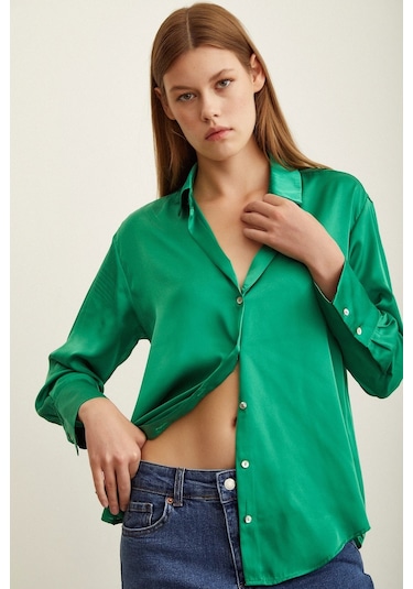 Never More Basic Saten Gömlek Yeşil