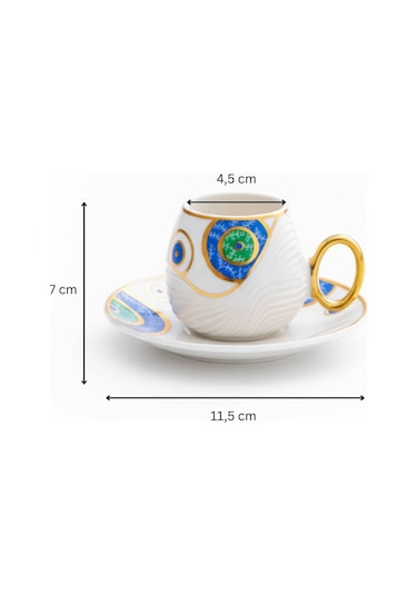 Evil Eye Nazar Boncuğu Figürlü 6 Kişilik Porselen Kahve Fincan Takımı Mavi - Beyaz