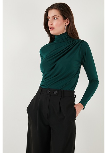 Lela Streç Büzgü Detaylı Slim Fit Dik Yaka Bayan Bluz 669925 Nefti