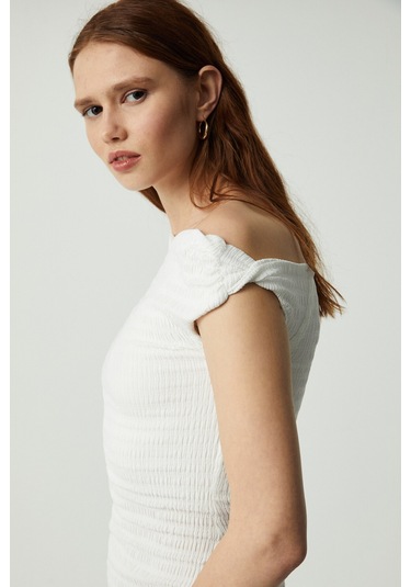 INNSA Kadın Bürümcük 3 boyutlu Kumaşlı Tek Omuzlu Bodycon Ekru Elbise