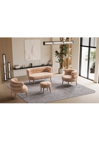 Barel Özel Tasarım Çay Seti Koltuk Takımı,berjer Ve Puf Ofis Balkon Cafe Bahçe Salon Mobilyası 4 Lü Takım Bej Bej