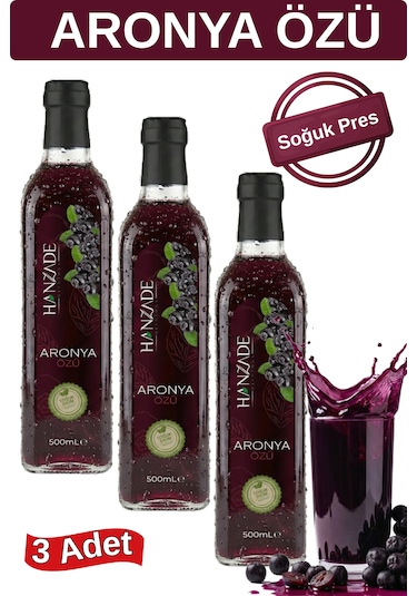 Hanzade Bitkisel Aronya Özü 500 Ml X 3 Adet Soğuk Pres, Yoğun Tat, Cam Şişe