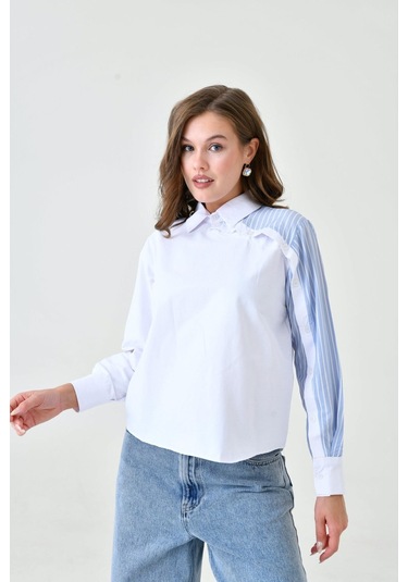 Kadın Özel Tasarım Yaka Kol Düğmeli Çizgi Garnili Tesettüre Uygun Bluz Gömlek Beyaz