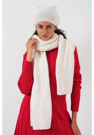 Kadın Triko Atkı Bere 15939 - Ekru Ekru