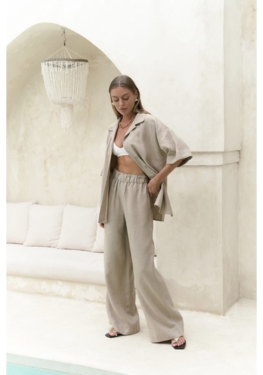 Baron Bej Keten Gömlek Pantolon Takım Bej