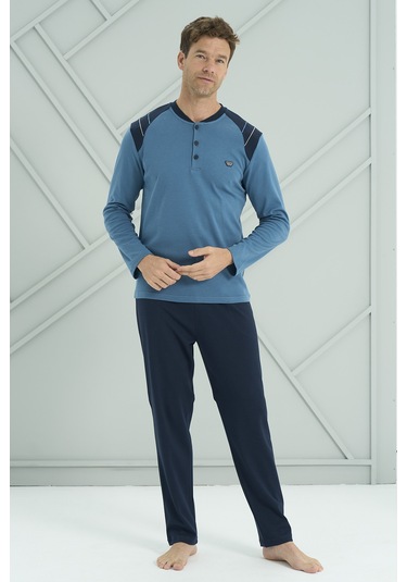 Erkek Interlok Penye Uzun Kol Pijama Takımı 2214 Petrol01 Petrol01