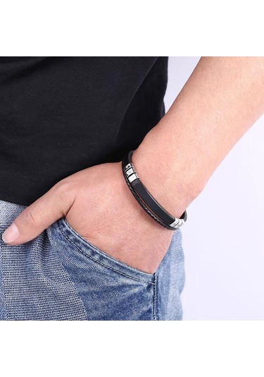 Erkekler İçin Moda Çok Katmanlı Deri Bileklikler Paslanmaz Çelik Klasik Kişiselleştirilmiş Bilezik Hediye Siyah