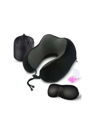 Neevoyu Seyahat Yastığı, 100% Hafıza Köpüğü Boyun Desteği, Serinletici透气 Örtü, Uçak Seyahat Seti Maske+kulaklık , Ergonomik Tasarım - Siyah Diğer