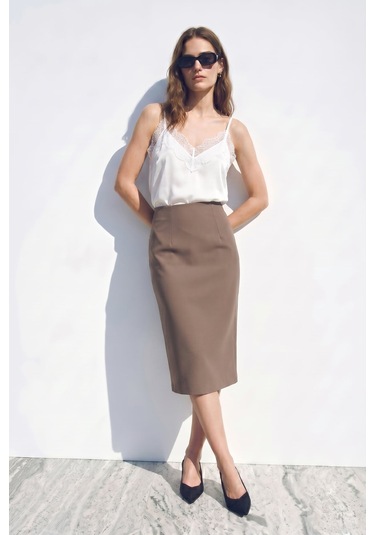Sateen Düz Kalem Etek - Vizon-137389