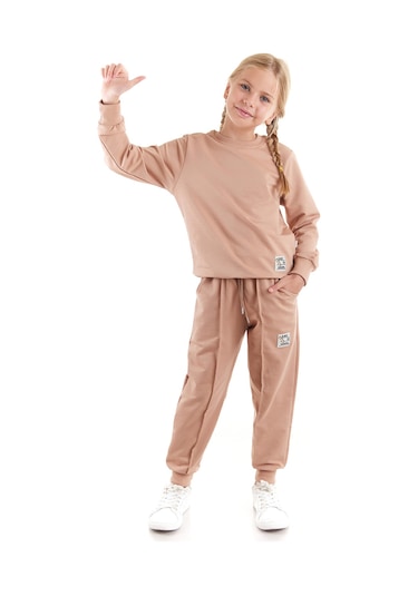 Ahengim Kız Çocuk Back To School Pamuklu Trend Eşofman Takımı Ak2529 Kahverengi