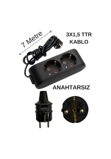 Avarson 2'li İkili Priz Topraklı Kablolu Siyah 3x1,5 Ttr 7 Yedi Metre