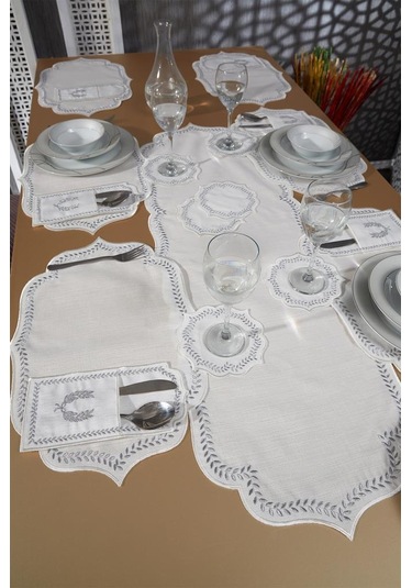 Nişan Keten Nakışlı Amerikan Servis Takımı 19 Parça Silver Gümüş