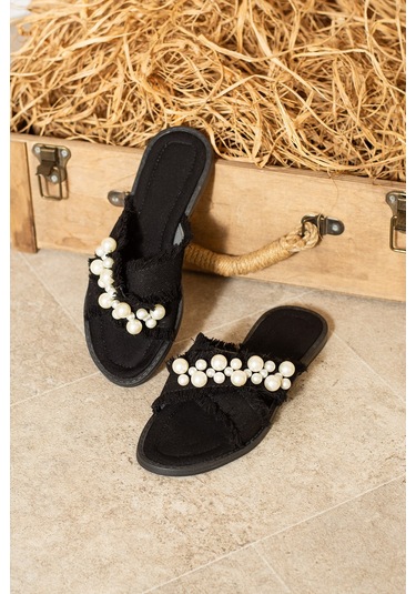 Dabab Shoes Mırella Kadın İncili Hasır Dokulu Düz Şık Siyah Terlik