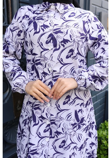 Kadın Mor Çiçek Desenli Pamuk Dokuma Kumaş Tunik Gömlek Etekli Takım Tk1412 Mor