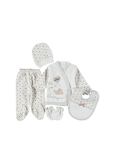 0-3 Aylık 5 Li Tavşan Nakışlı Zıbın Seti Hastane Çıkış Seti %100 Pamuklu Kutusuz Bej