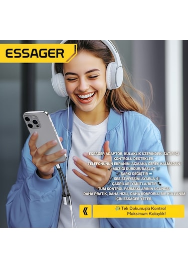 Essager 2in1 Type-c Adaptör 60w Hızlı Şarj + Type C Kulaklık Çıkışı, Hifi Ses Ve Hızlı Şarj Adaptörü Gri