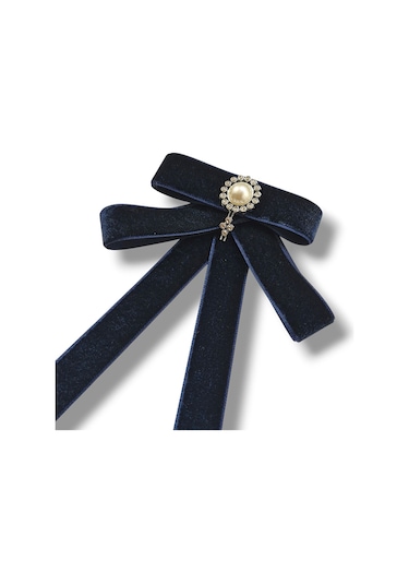 Lacivert Kadife Broş İncili Ve Taş Detaylı Lacivert Çok Renkli