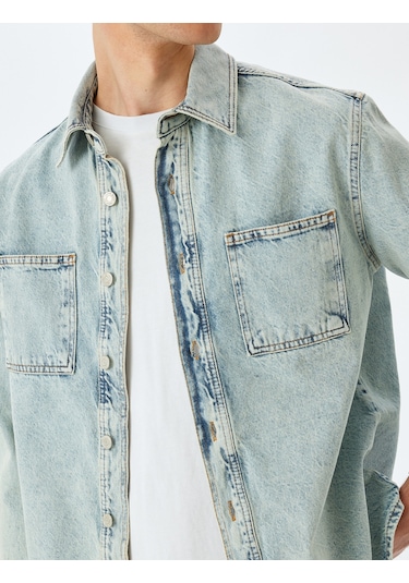 Koton Düğmeli Cep Detaylı Pamuklu Kot Gömlek Ceket Açık İndigo 5sam50011nd Açık İndigo