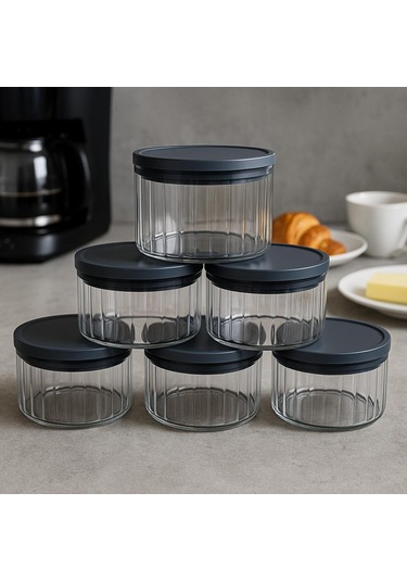 6'lı Borosilikat Cizgili Cam Kahvaltılık Seti - Sızdırmaz Silikonlu Plastik Kapak - 90 X 70 Mm-400 Ml Beyaz