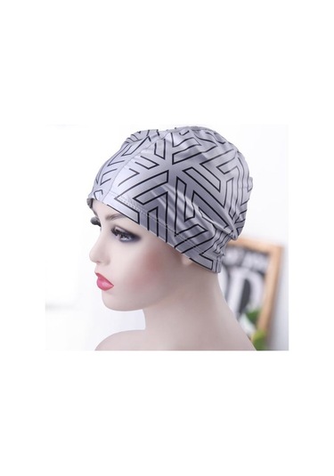 Beyaz Geometrik Baskı Daralan Trim Rahat Unisex Yüzme Şapkası Yetişkin Kulak Koruyucu Yüzme Havuzu Şapka Yüzme Aksesuarları Beyaz