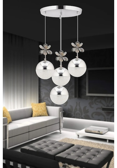 Kelebek 4'lü Gümüş Sarkıt 3 Renk Kademeli Ledli Kristal Taşlı Modern Led Avize Krom