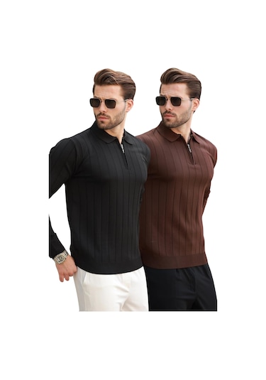 Siyah/kahverengi Polo Yaka Fermuarlı 2'li Paket Örme Kazak E7456 Siyah/kahverengi