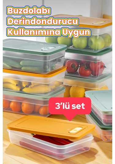 Buzdolabı Saklama Kabı 3'lü Set 1 2,5-3,8-5 Lt Renkli Kiltli Ka