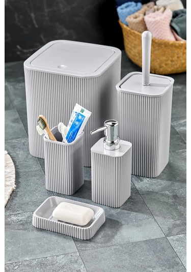 Line 5 Parça Kare Banyo Seti - Çöp Kovası Wc Fırçası Sıvı-katı Sabunluk Diş Fırçası Gri