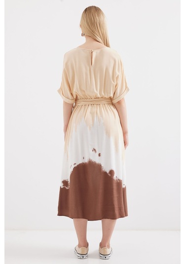 Bigdart 2504 Desenli Kısa Kol Viskon Elbise - Krem 001