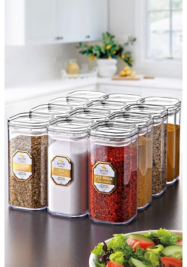 KitchenLife Gold Etiketli Akrilik Vakumlu Kare Baharatlık Seti 12'li 300 ML Şeffaf