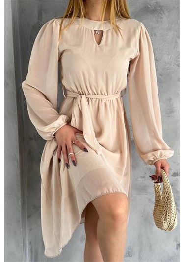 Neşeli Butik Kadın Bej Midi Boy Astarlı Şifon Elbise Nbkklf2027 Bej