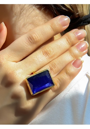 Kedi Gözü Cam Kadın Ayarlanabilir Altın Kaplama Yüzük Saks Mavi Euy69sm Mavi